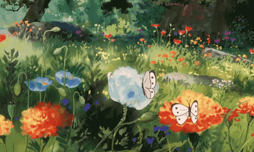 A Painting Of A Field Of Flowers And Butterflies GIF