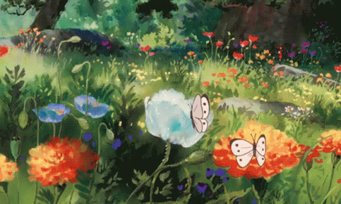 A Painting Of A Field Of Flowers With Butterflies In It GIF