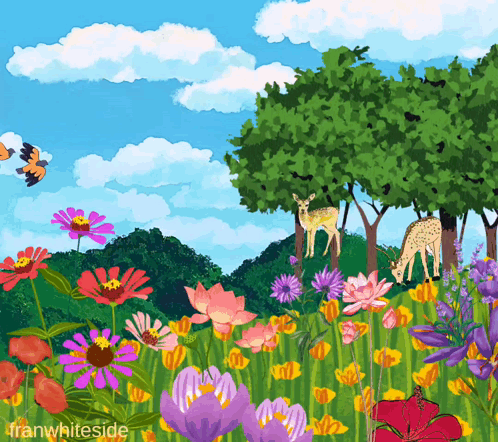 A Painting Of A Field Of Flowers With The Name Franwhiteside On The Bottom GIF