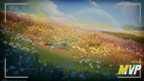 A Painting Of A Field Of Flowers With The Word Mvp On The Bottom Right GIF