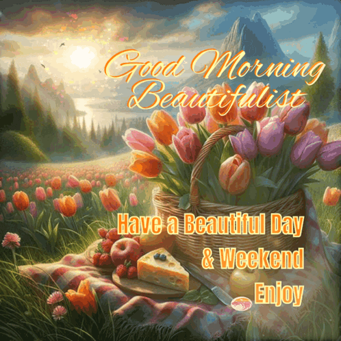 A Painting Of A Field Of Flowers With The Words Good Morning Beautifulist Have A Beautiful Day And Weekend Enjoy GIF