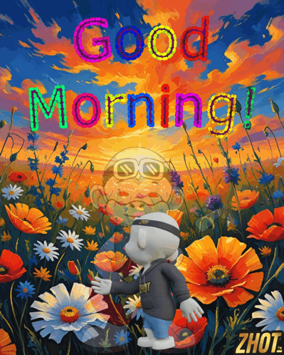 a painting of a field of flowers with the words good morning written on it