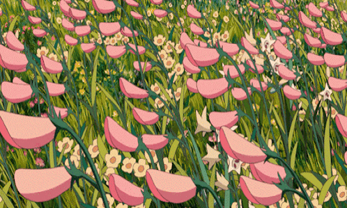 A Painting Of A Field Of Pink Flowers GIF
