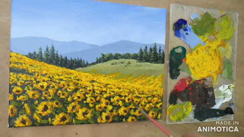 A Painting Of A Field Of Sunflowers Is Being Painted GIF