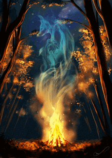 A Painting Of A Fire In The Woods With A Dragon Coming Out Of It GIF