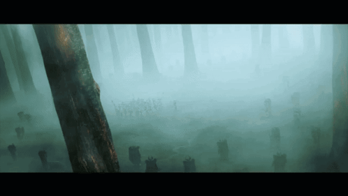 A Painting Of A Foggy Forest With Trees And Skeletons GIF