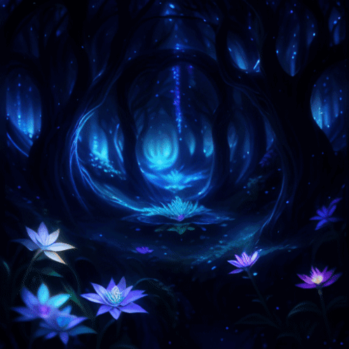 A Painting Of A Forest With Flowers And Trees GIF
