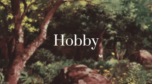 A Painting Of A Forest With The Word Hobby In The Foreground GIF