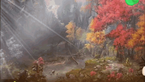 A Painting Of A Forest With Trees And Flowers In The Background GIF