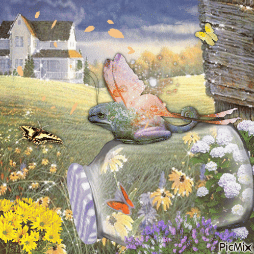 A Painting Of A Frog In A Vase With Butterflies And Flowers And The Words Picmix On The Bottom GIF