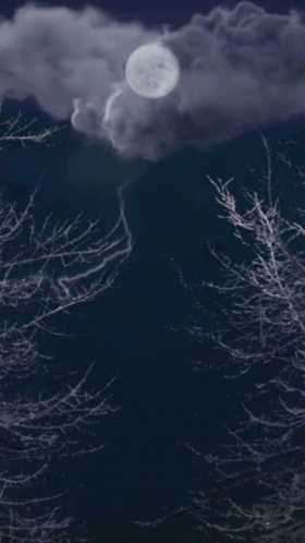 A Painting Of A Full Moon With Lightning Strikes GIF