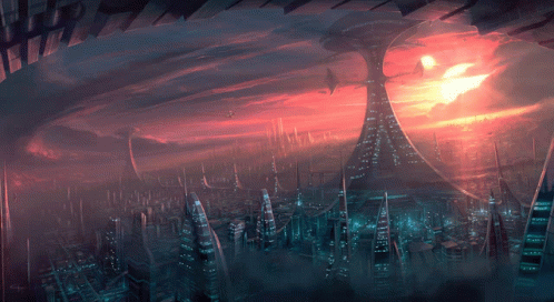 A Painting Of A Futuristic City With A Giant Tower In The Middle GIF
