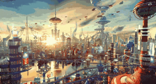 A Painting Of A Futuristic City With A Roller Coaster GIF