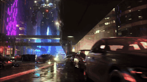 A Painting Of A Futuristic City With Cars And A Robot In The Background GIF