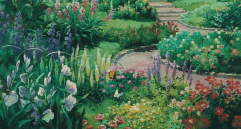 A Painting Of A Garden With Lots Of Flowers GIF