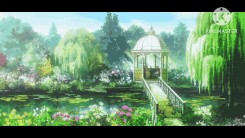 A Painting Of A Gazebo In A Garden With A Bridge Over A Pond GIF