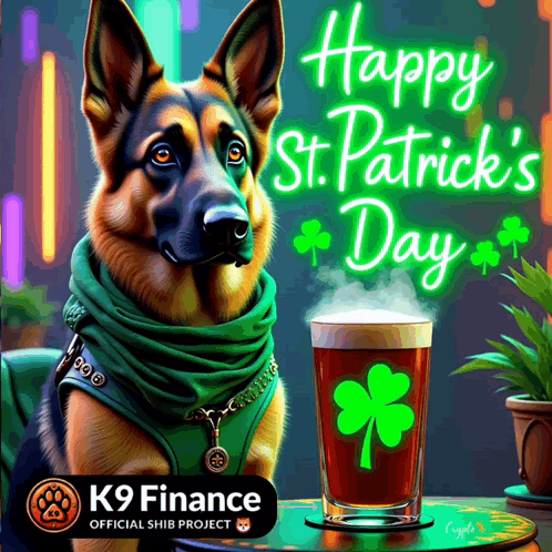 A Painting Of A German Shepherd With A Glass Of Beer And The Words Happy St. Patrick 'S Day On It GIF