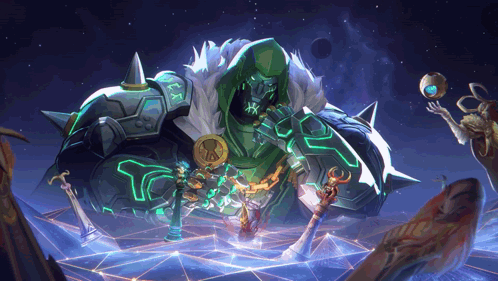 A Painting Of A Giant Monster With A Sword And A Shield GIF