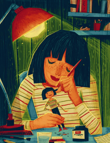 A Painting Of A Girl Holding A Doll With A Bottle Of Kamm Ink In Front Of Her GIF