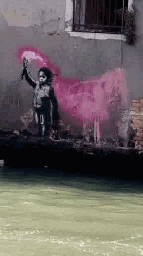 A Painting Of A Girl Holding A Torch On A Wall Next To A River . GIF