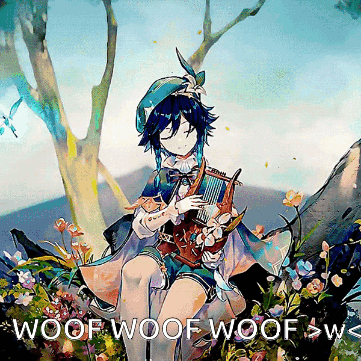 A Painting Of A Girl Playing A Harp With The Words Woof Woof Woof > W < Underneath Her GIF