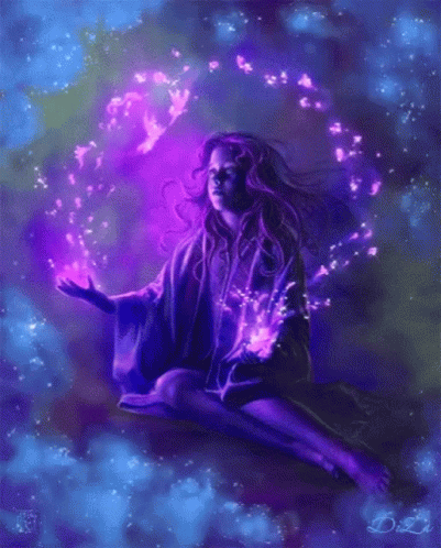 A Painting Of A Girl Surrounded By Purple Lights With The Name Dizzy On The Bottom Right GIF