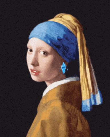 A Painting Of A Girl With A Blue Earring On Her Ear GIF