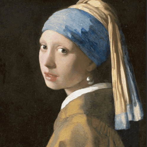 A Painting Of A Girl With A Pearl Earring And A Blue Scarf Around Her Head GIF