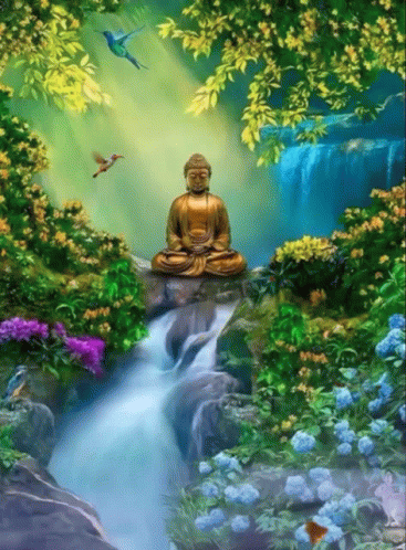 A Painting Of A Golden Buddha Sitting On A Rock Near A Waterfall GIF