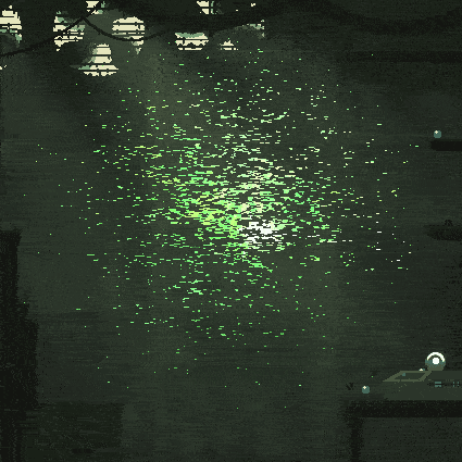 a painting of a green light coming out of a pond