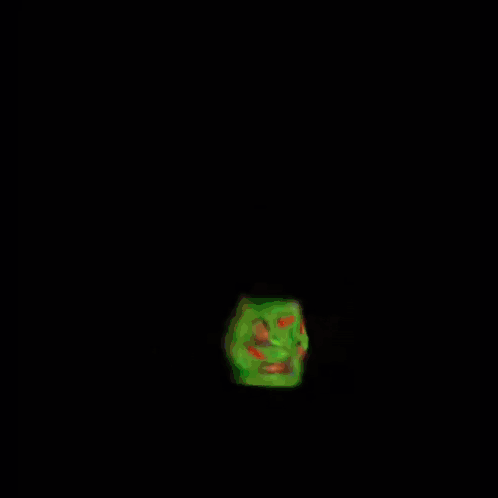 A Painting Of A Green Square With Red And Orange Spots GIF