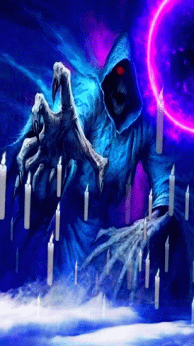 A Painting Of A Grim Reaper Surrounded By Candles And A Purple Light GIF