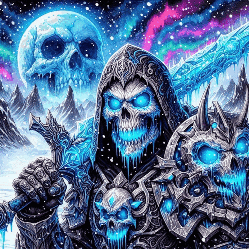 A Painting Of A Grim Reaper With Blue Eyes And A Sword GIF