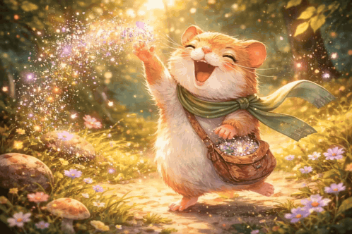 a painting of a hamster in a field of flowers holding a butterfly