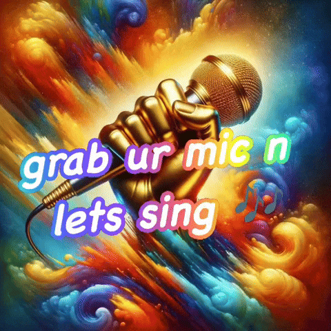 A Painting Of A Hand Holding A Microphone With The Words Grab Ur Mic N Let 'S Sing Below It GIF