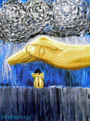 A Painting Of A Hand Holding A Person With The Word Strejdobrazy Written Below It GIF