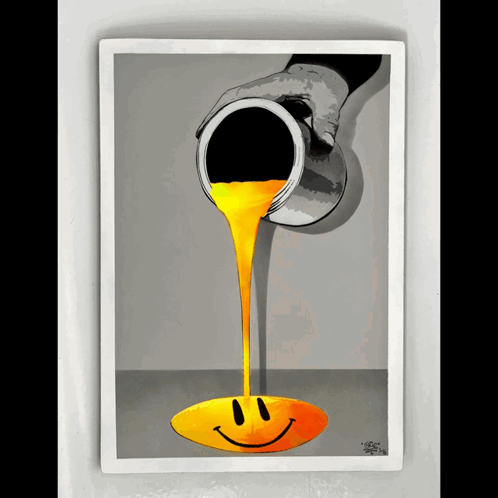 A Painting Of A Hand Pouring Yellow Paint On A Smiley Face GIF