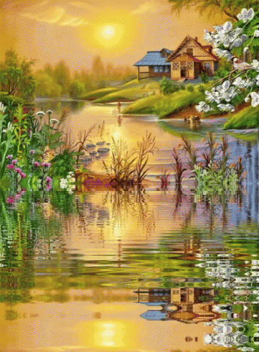A Painting Of A House On A Hill By A River GIF