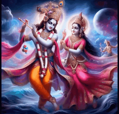 A Painting Of A Krishna And A Goddess Dancing GIF