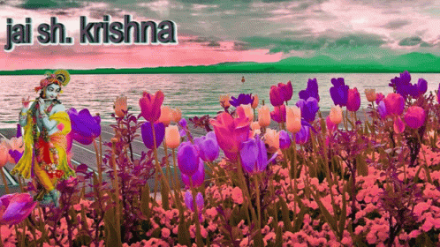 A Painting Of A Krishna Playing A Flute In Front Of A Lake GIF