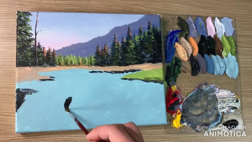 A Painting Of A Lake Is Being Painted By A Person With The Words Made In Animatica Visible GIF
