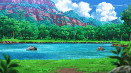 A Painting Of A Lake Surrounded By Mountains And Trees GIF