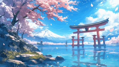 A Painting Of A Lake With A Torii Gate In The Foreground GIF