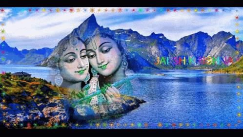 A Painting Of A Lake With Mountains In The Background And The Words Jai Shree Krishna On The Bottom GIF