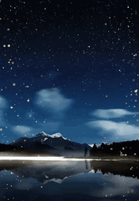 A Painting Of A Lake With Mountains In The Background At Night GIF