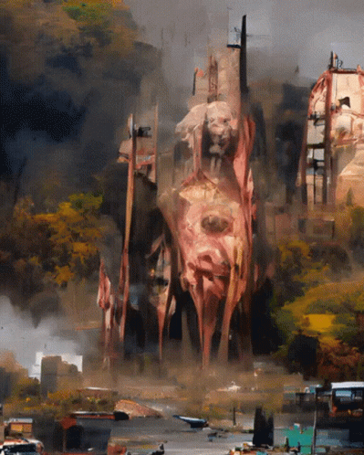A Painting Of A Landscape With A Statue In The Middle GIF