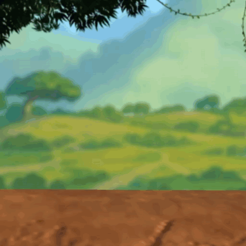 A Painting Of A Landscape With Trees And Grass In The Background GIF