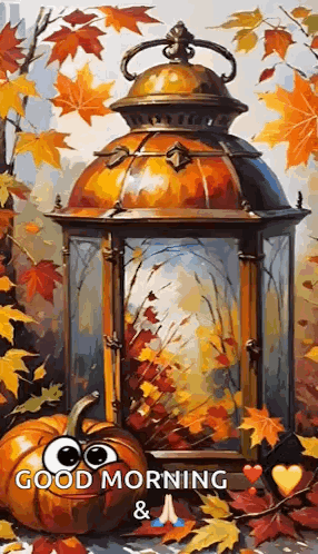 a painting of a lantern surrounded by autumn leaves and pumpkins with googly eyes .