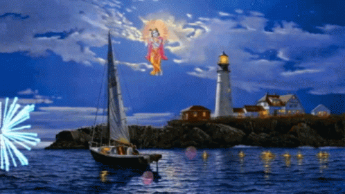 A Painting Of A Lighthouse And A Boat GIF