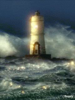 A Painting Of A Lighthouse In The Middle Of The Ocean Has The Word Beauty On The Bottom Right GIF